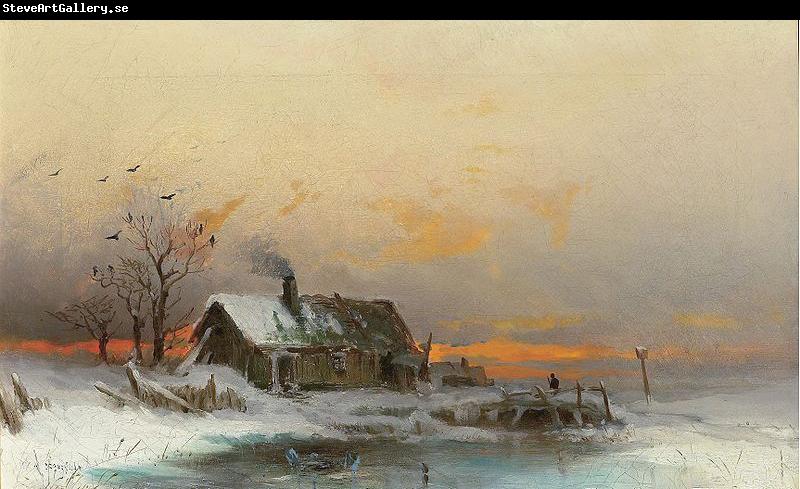 unknow artist Winter picture with cabin at a river